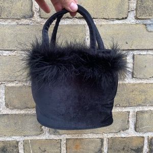 Velour and Marabou Fur Black Cocktail Purse, Vintage y2k
